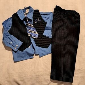 Happy Fella boys size 3T 4 piece suit set, black white pin stripe, blue top, NEW